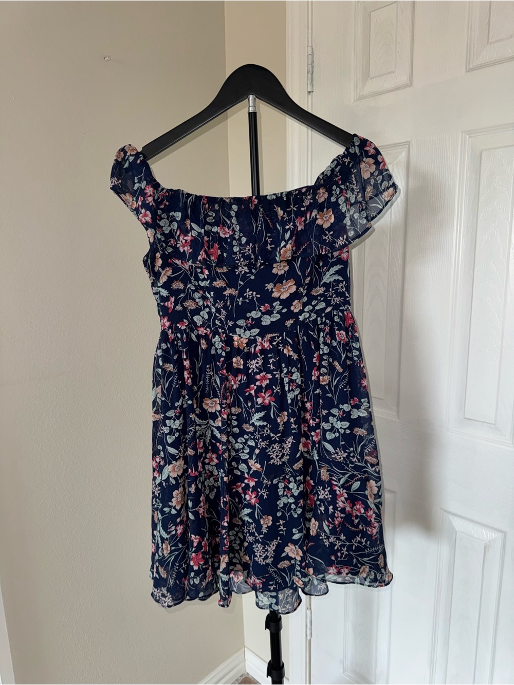 Lulu's Navy Floral Off-The-Shoulder Dress with Pink & Cream Blossoms